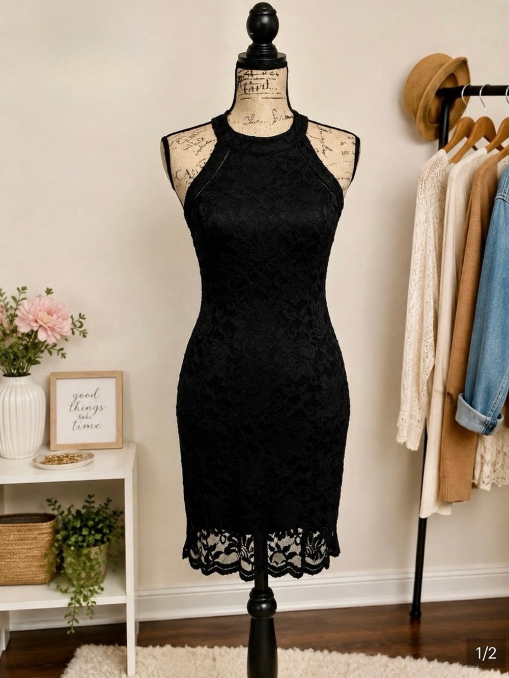 Elegant Black Floral Lace Halter Bodycon Cocktail Dress Scalloped Hem